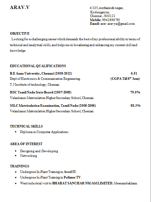 Formats of resume for freshers